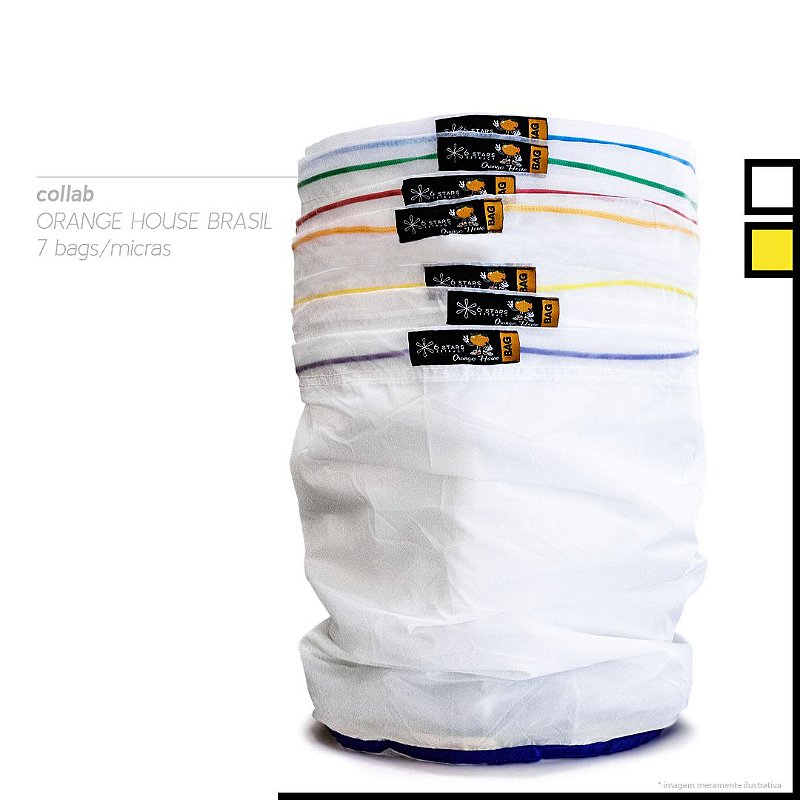 Pilha de bags de lavagem 6 Stars empilhadas no balde, com as faixas coloridas de micragem