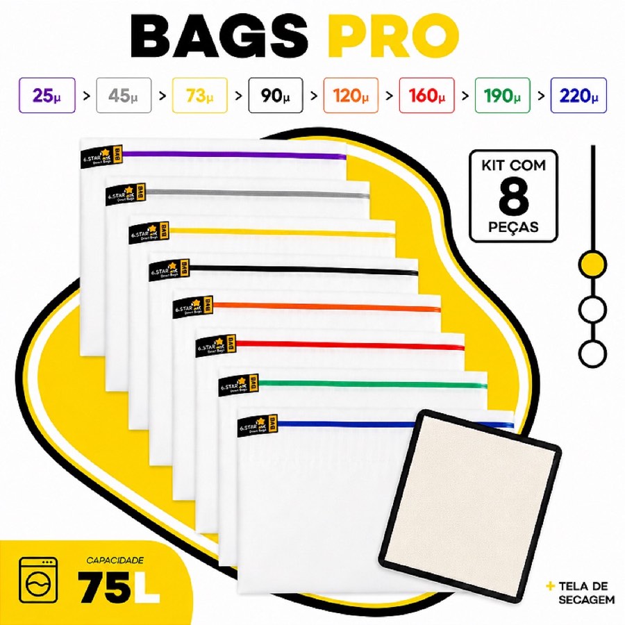 Kit Bags Full Mesh - 75L com 8 Bags + Tela de secagem